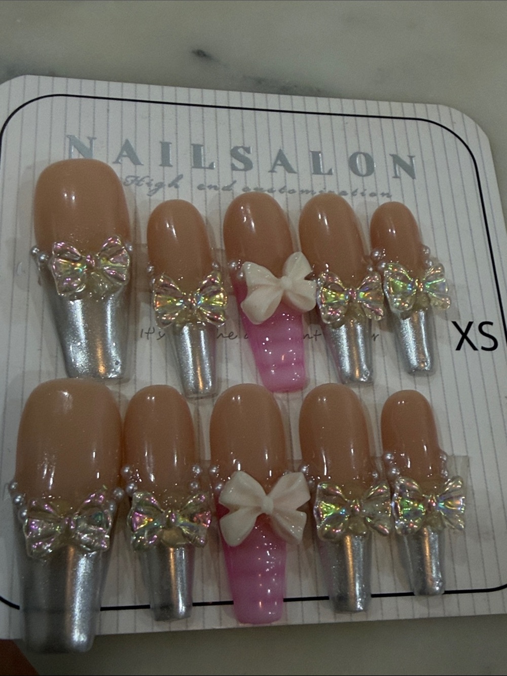 Iridescent Pink Bows and pearls Press-On Nails with Silver French Tips size XS